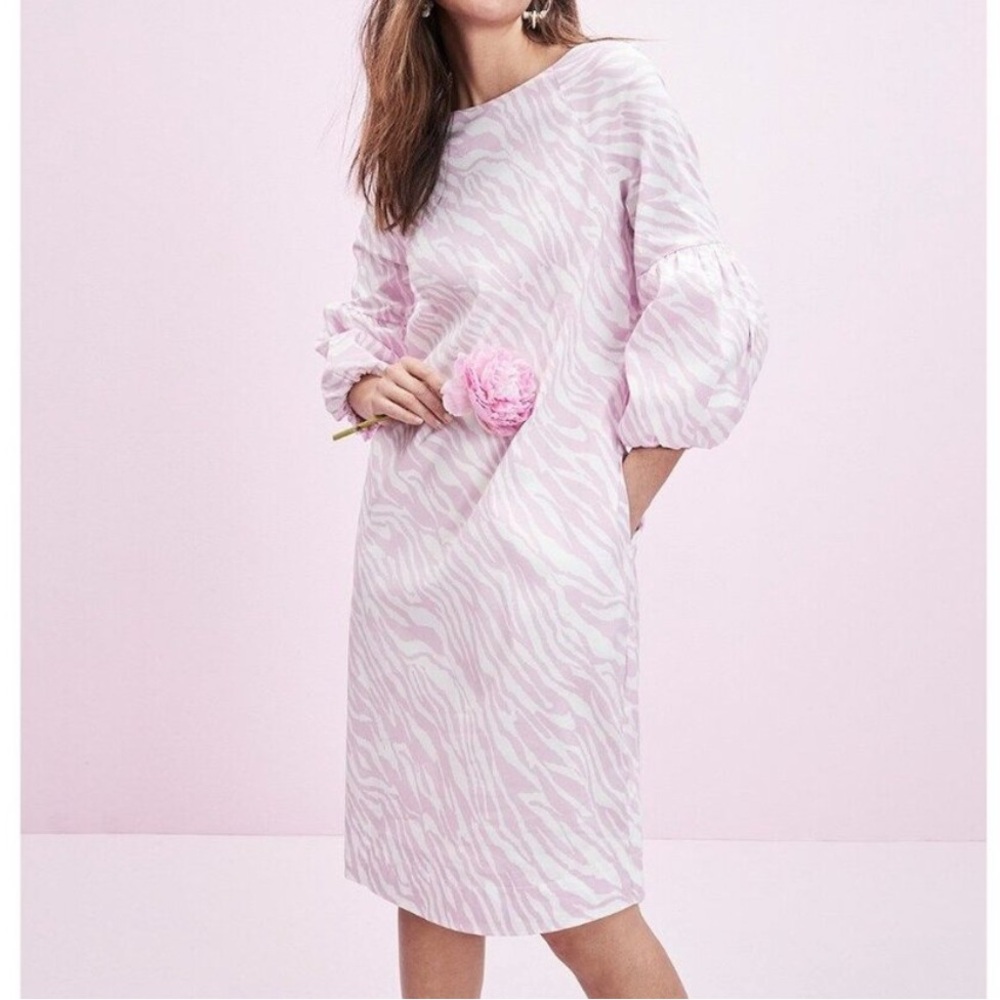Chico's Light Pink white zebra print balloon sleeve midi dress L 12/14 - Picture 2 of 16